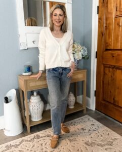 Cozy Cream Cardigan with Vintage Wash Denim