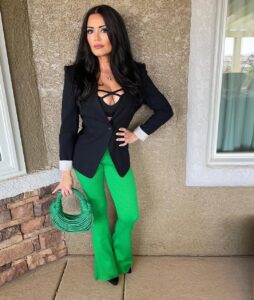 Green Pant with Bold Black Blazer