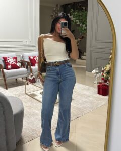 Off-White Corset Top with High-Waisted Denim