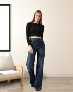 Black Cropped Tee with High-Waisted Dark Denim