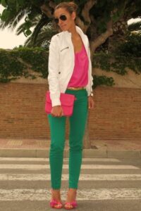 Green Pants Paired with Hot Pink Top & White Jacket