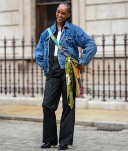 Denim Jacket + Pinstripe Pants Power Combo