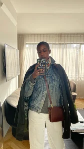 Layered Denim Jacket + Plaid Scarf Mirror Selfie Magic