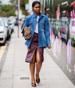 Sassy Denim Jacket + Burgundy Leather Skirt Street Slay
